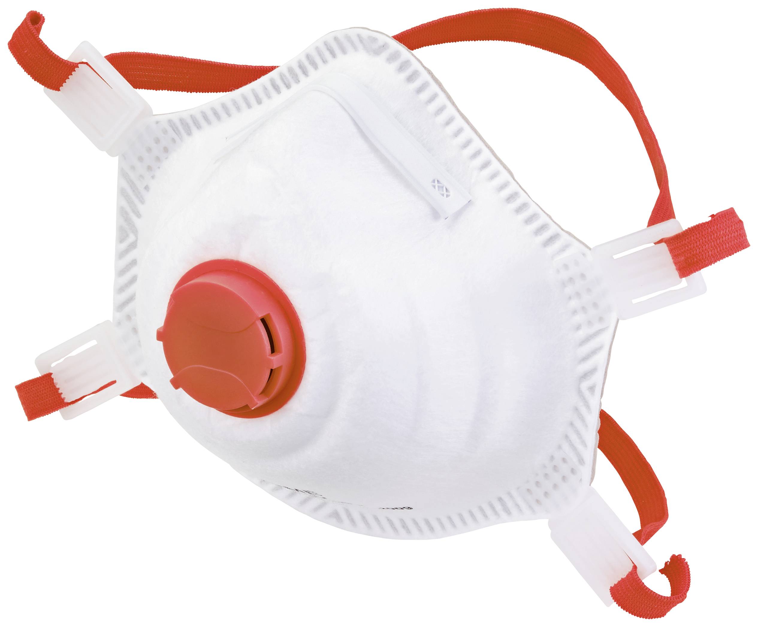 Andningsmask med ventil och röda band, lämplig för skydd mot partiklar och föroreningar.