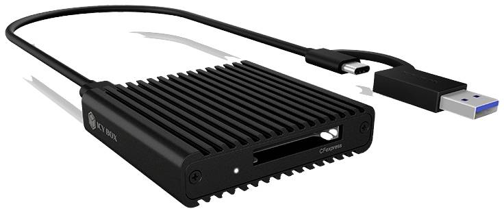 Extern, svart kortläsare med USB-C- och USB-A-anslutningskabel. Lämplig för dataöverföring från minneskort.
