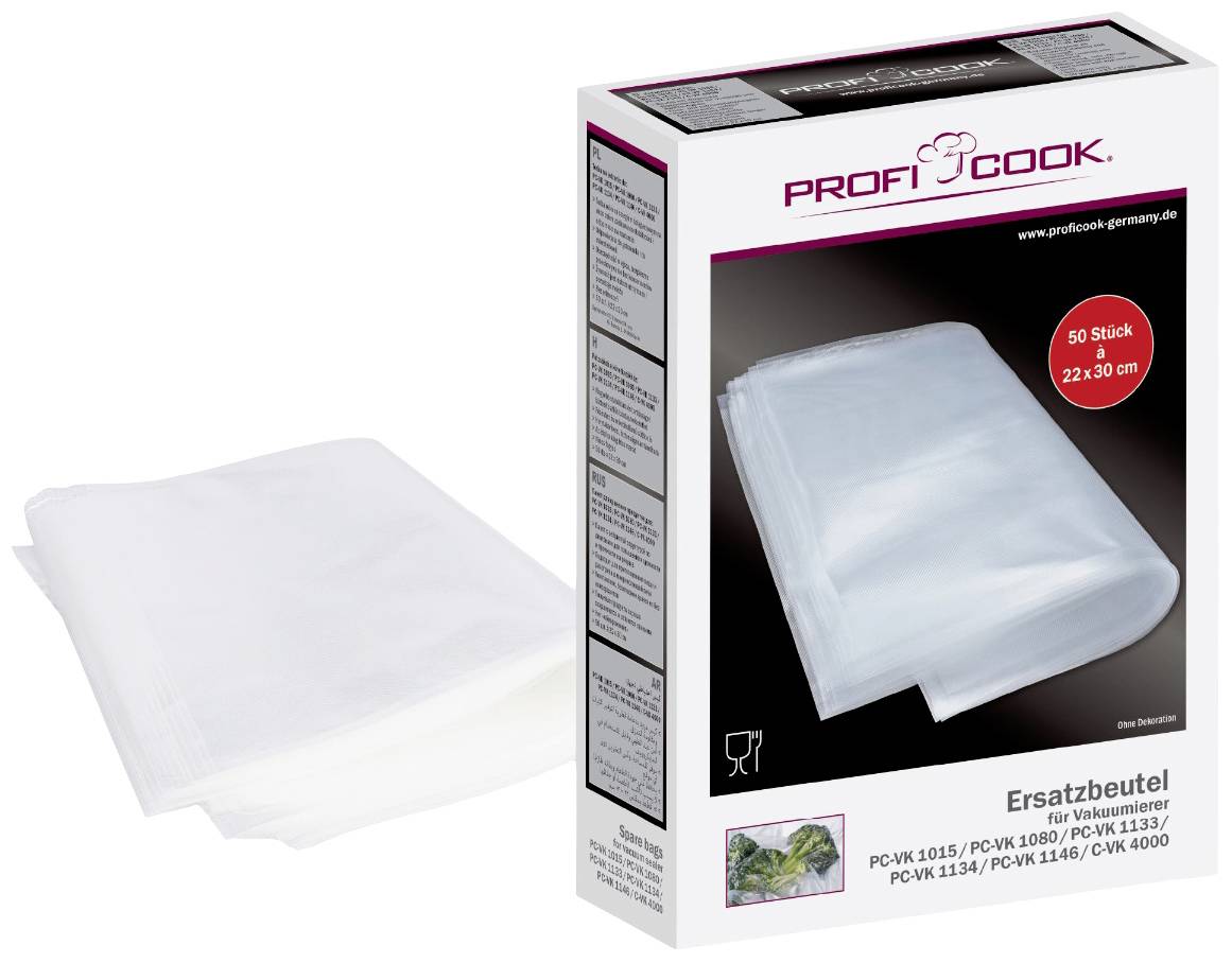En förpackning med 50 reservpåsar för vakuumförpackare, storlek 22 x 30 cm, från märket Profi Cook.