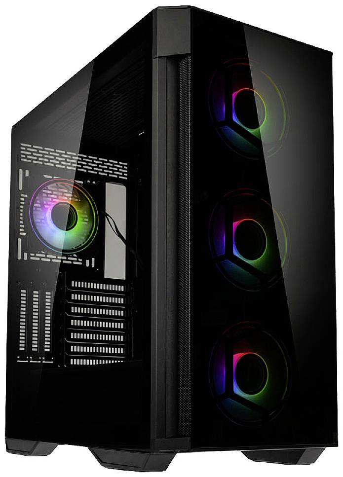 Ett modernt gaming-datorhölje med glasade sidoväggar och flerfärgad RGB-belysning. Innehåller flera fläktar.