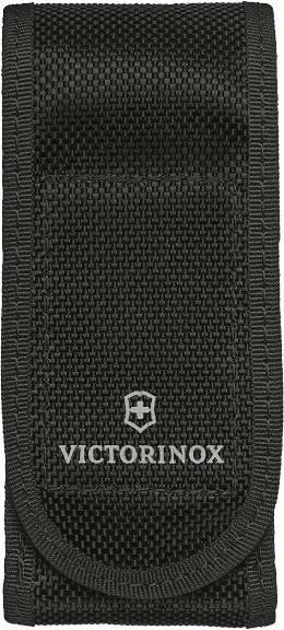 Svart Victorinox-fodral gjort av tåligt material, med invävd logotyp, perfekt för säker förvaring av fickknivar.
