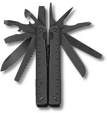 Multiverktyg fickkniv med svarta verktyg: såg, skruvmejsel, fil, sax och kniv utfällda.