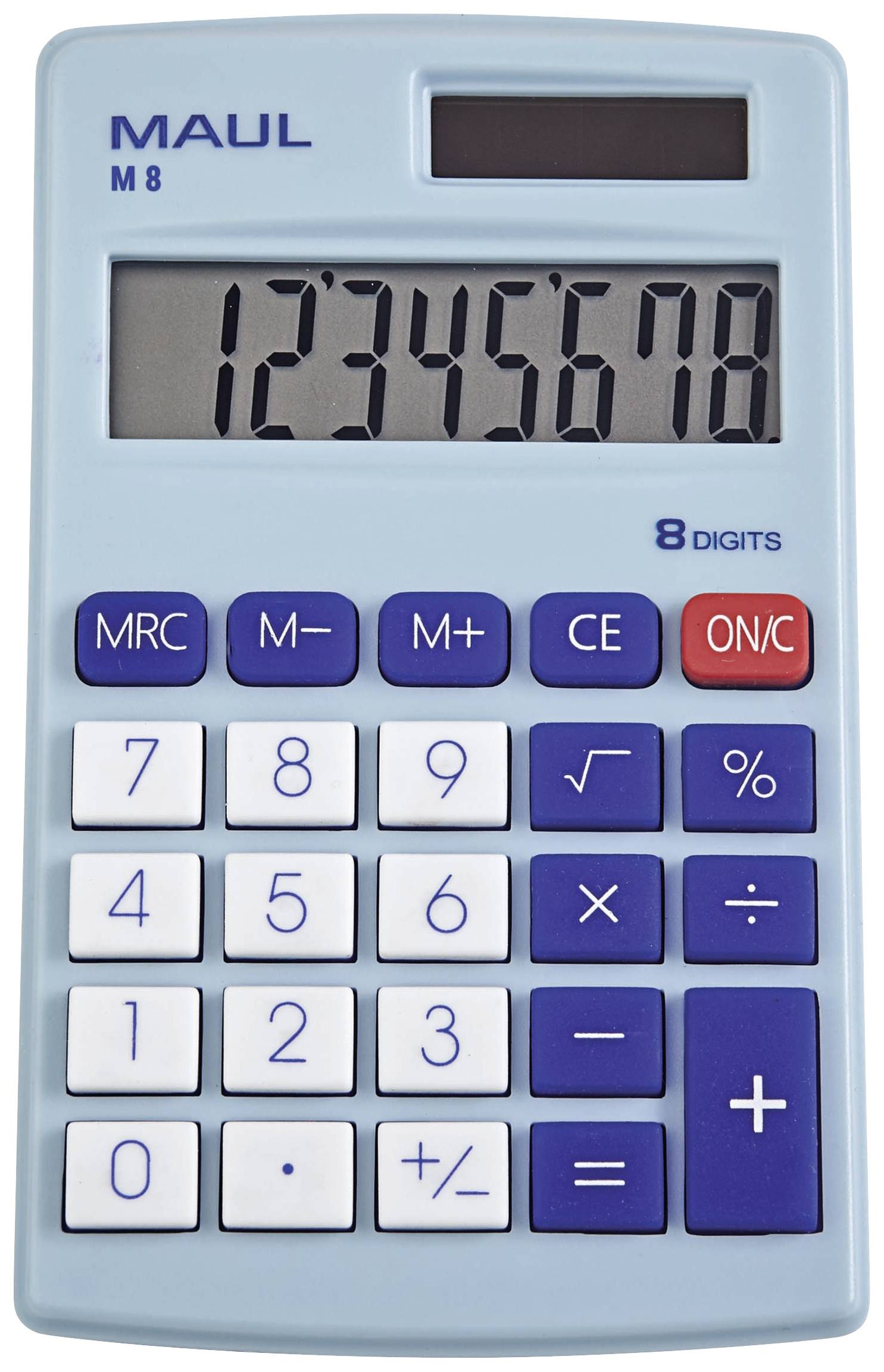 En praktisk blå miniräknare med stor display visar sifferserien '12345678'. Knappar för beräkning och funktioner.