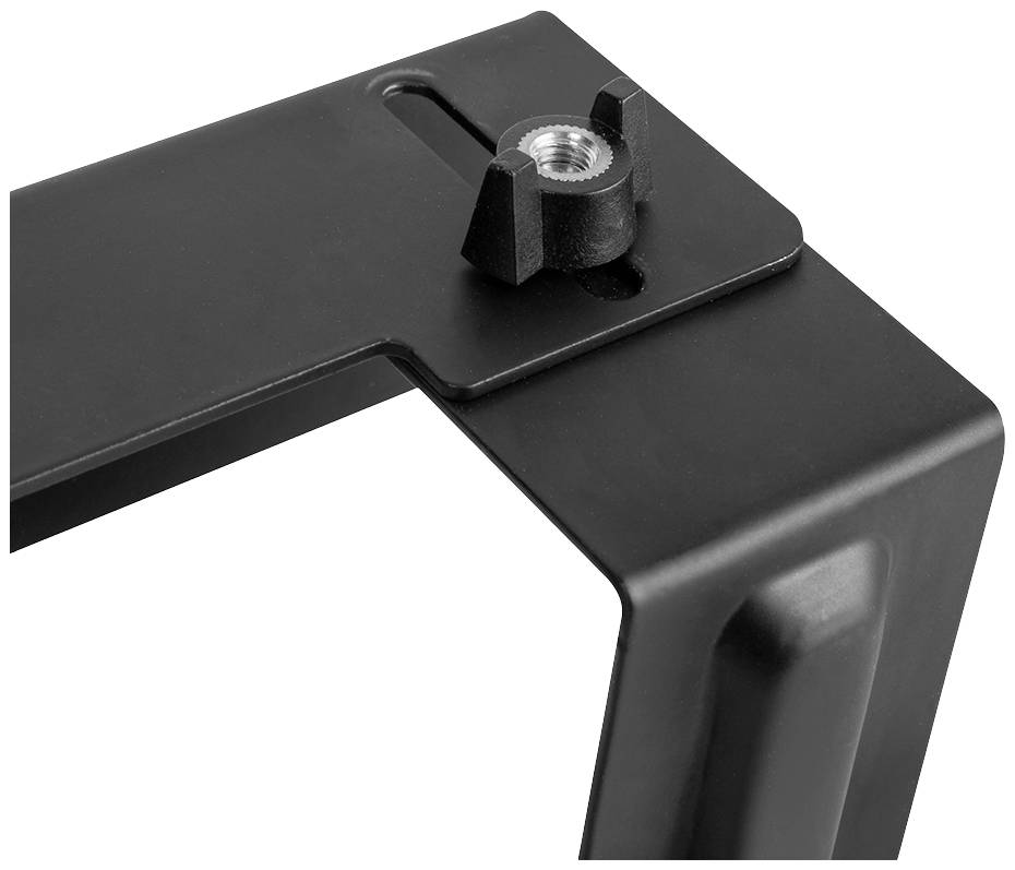 Svart, rektangulärt metallstycke med gängad skruv. Sannolikt avsett för montering eller fästning. Enkelt design.