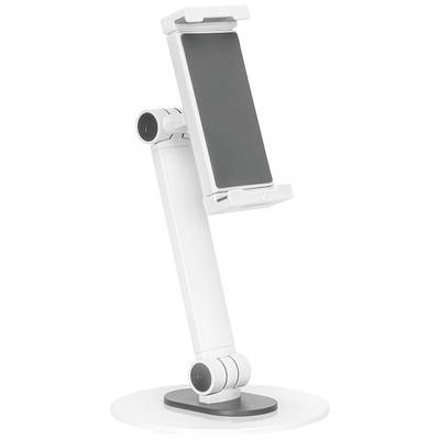 En vit justerbar smartphone- eller surfplatteställning med rund bas. Lämplig för olika betraktningsvinklar.