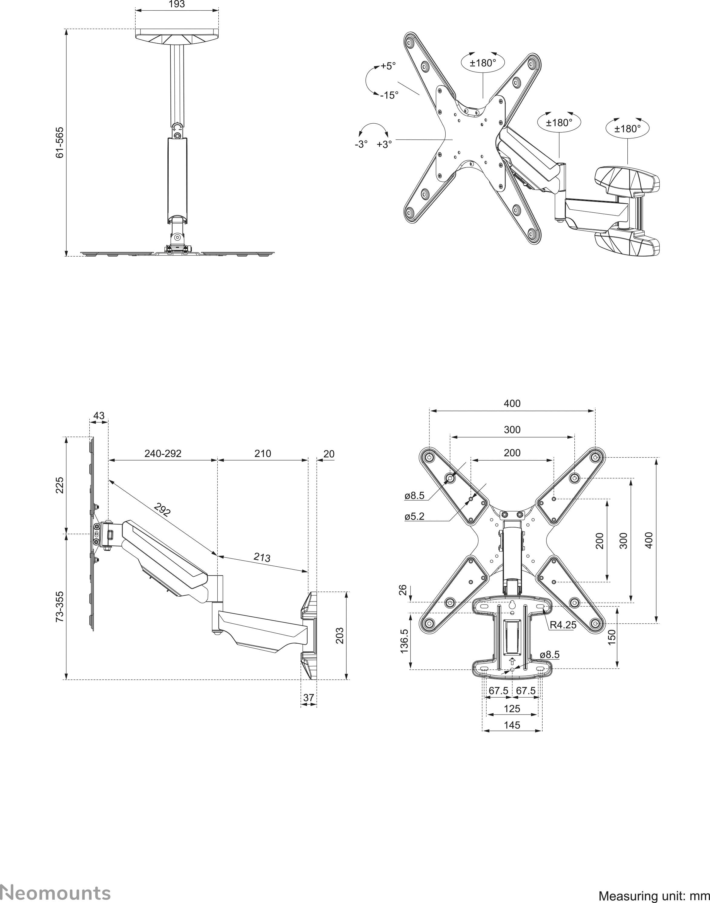 En teknisk ritning visar en skärmfäste med justerbara ledade armar och dimensioner. Måttenheten är millimeter.