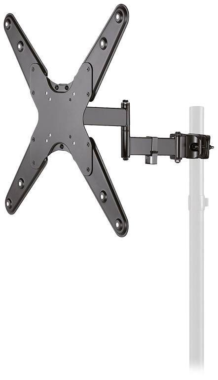 En svart, justerbar väggfäste för platta TV-skärmar, monterad på ett vertikalt vitt rör, lämplig för olika skärmstorlekar.