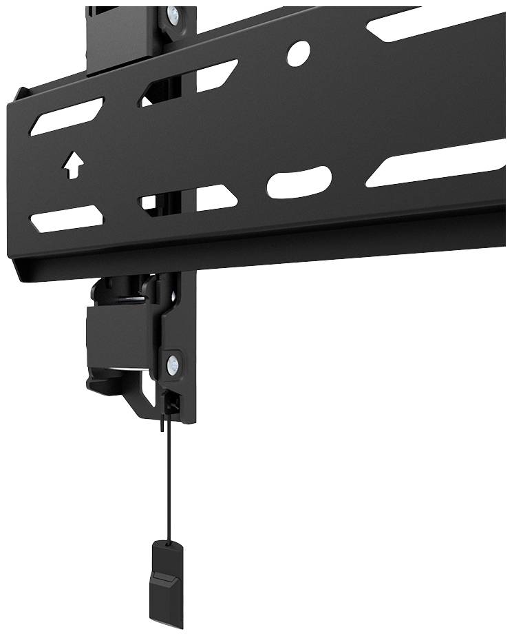 En svart väggfäste för platta skärmar. Den uppvisar en robust konstruktion med olika urtag och en dragrem nedtill.