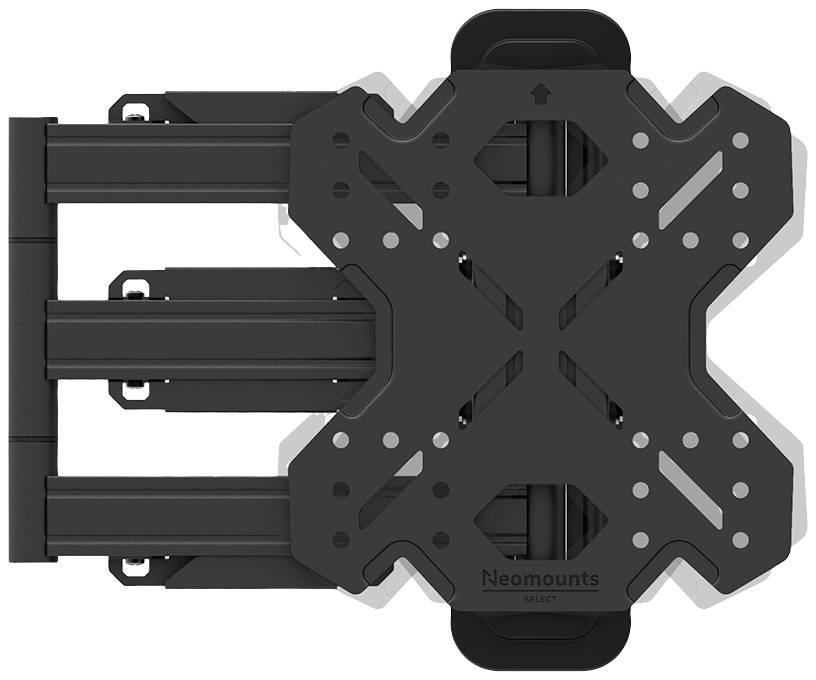 Neomounts TV-väggfäste i svart, utdraget, visar monteringsplatta och ledade armar.