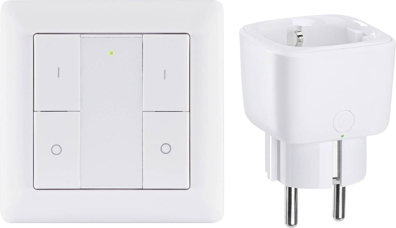 En ljusströmbrytare med flera knappar bredvid en vit stickkontaktsadapter. Båda enheterna har gröna LED-indikatorer.