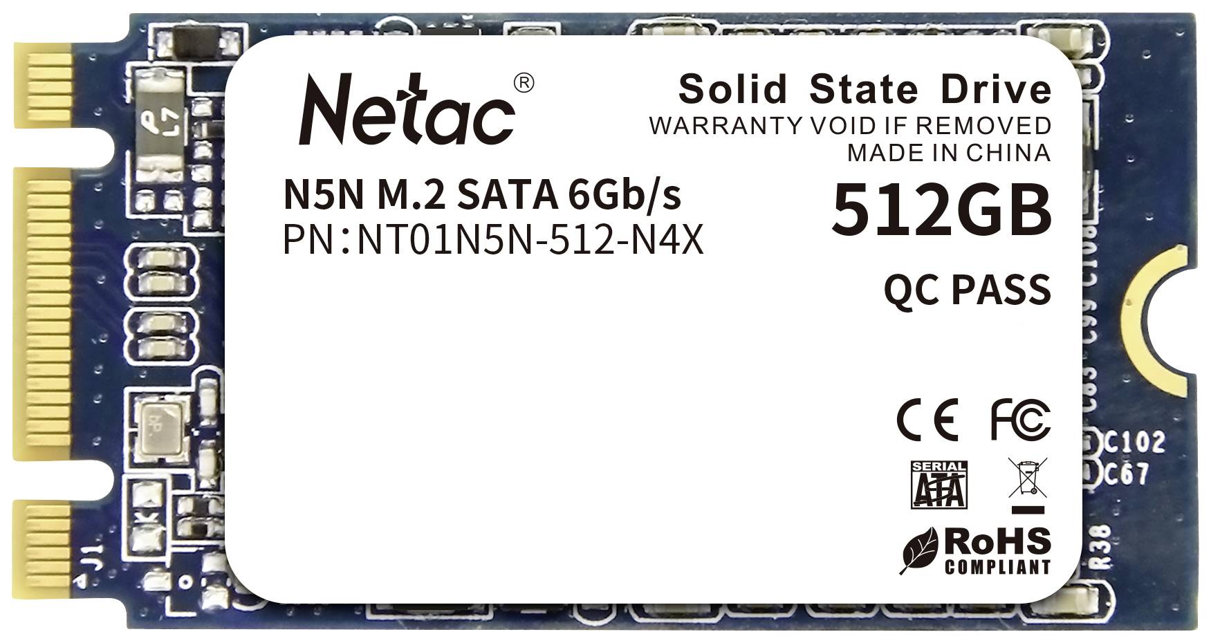 Here's the Swedish translation:<br><br>'Solid State Drive, 512GB, M.2 SATA 6Gb/s, Netac, Modell: N5N. Garanti ogiltig vid borttagning. Tillverkad i Kina. Kvalitetskontrollerad.'