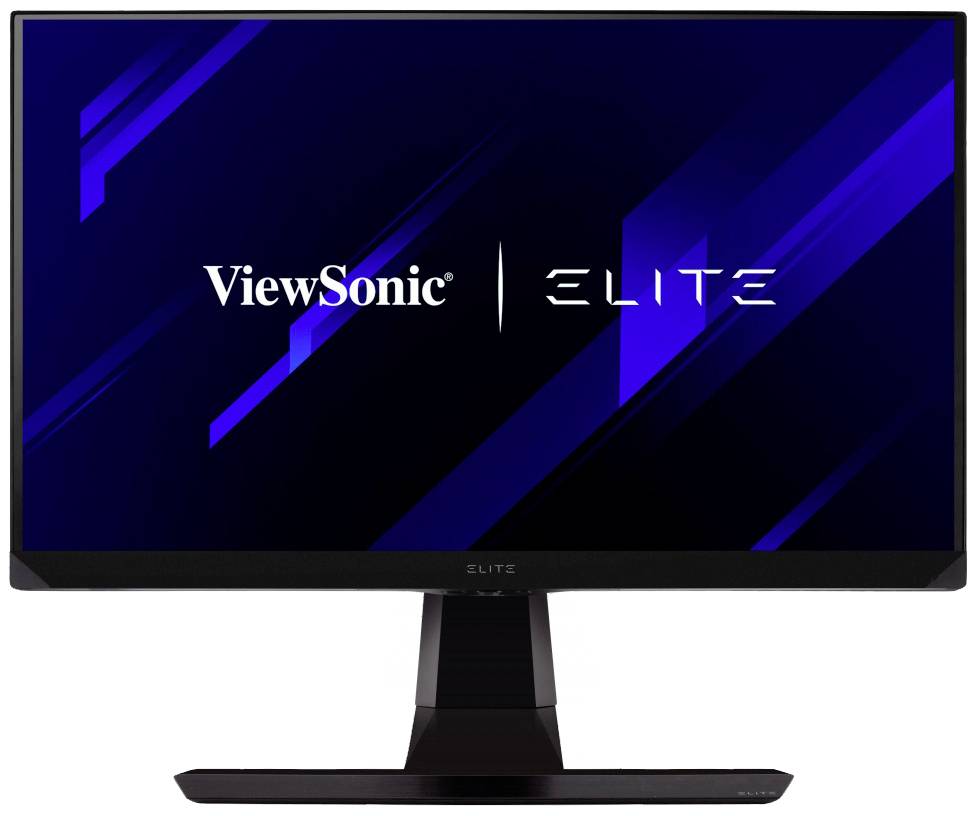 En datorskärm av märket 'ViewSonic ELITE', visar en skärm med ett blått och svart mönster.