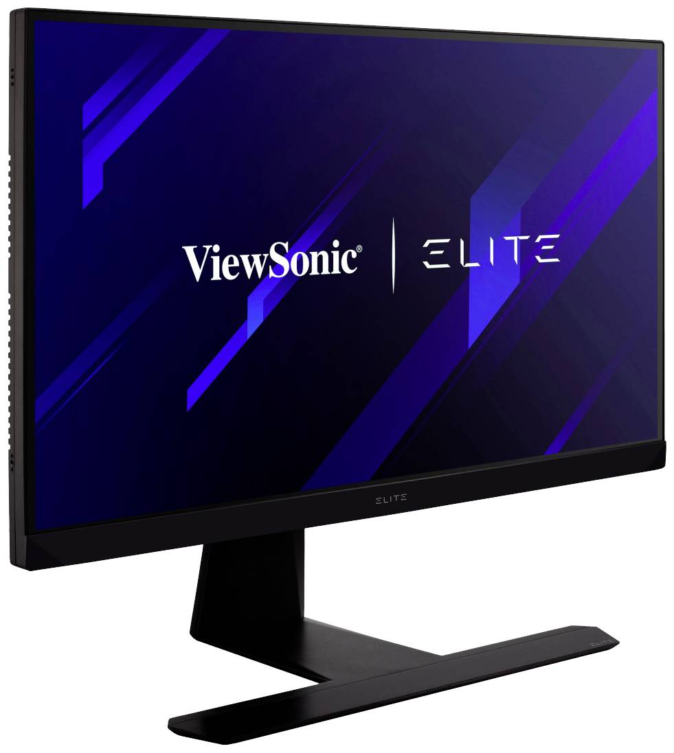 En datorskärm från ViewSonic ur Elite-serien med ett svart stativ och en mörk bakgrund med blå accenter.