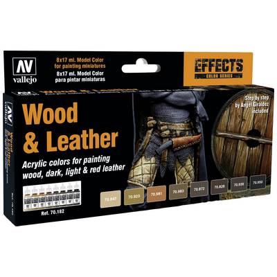 Vallejo Effects Wood & Leather: Akrylfärgset för trä- och lädermålning, innehåller 8 färger för olika ytor och effekter.