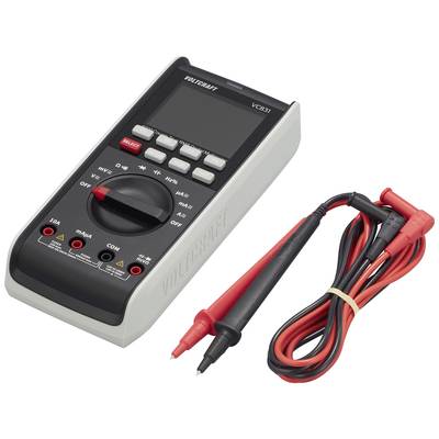 Ett digitalt multimeter med display och manöverknappar, bredvid röda och svarta mätsladdar. Modell: Voltcraft VC231.