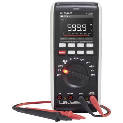 Digital multimeter visar '599,9' på displayen. Vridomkopplare i mitten, röda och svarta mätsladdar nedtill. Märke VOLTCRAFT.