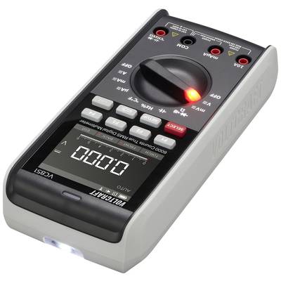 Digitalt multimeter med belyst display visar nollvärde, vridomkopplare inställd på spänningsmätning, flera mätningsalternativ.