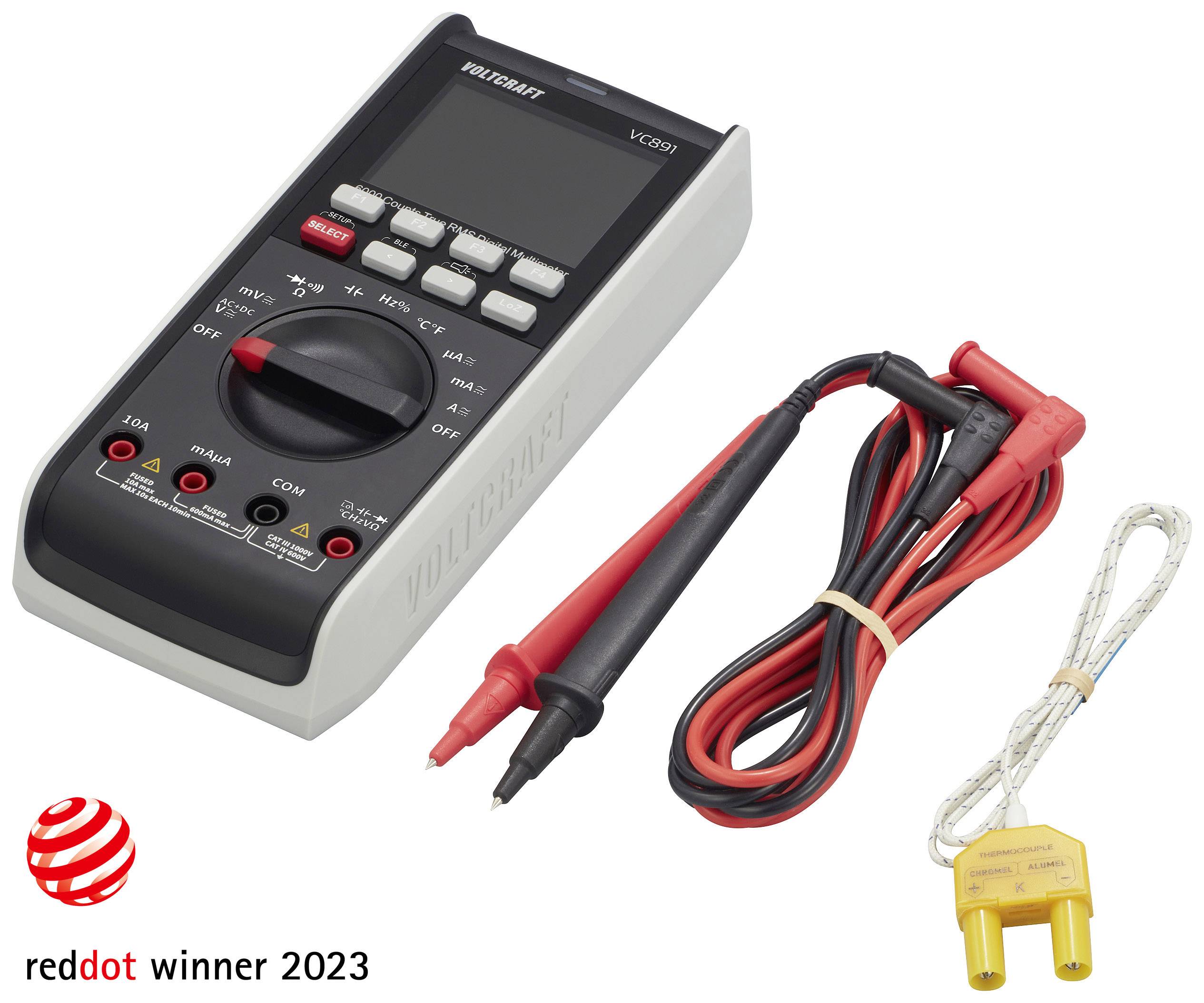 Multimeter och tillbehör, prisad med 'Red Dot Award 2023'.
