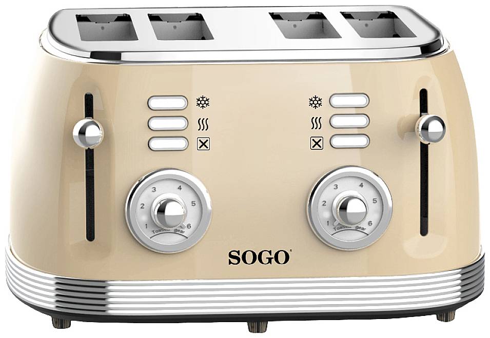Beige brödrost med fyra brödöppningar och två vred för att justera炙烤程度, under vilket logotypen 'SOGO' syns.