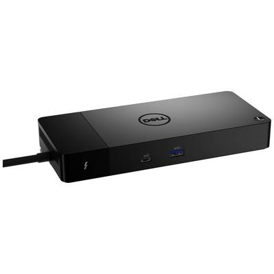 Svart Dell-dockningsstation med Thunderbolt- och USB-portar på framsidan, lämplig för bärbara datorer och andra enheter.