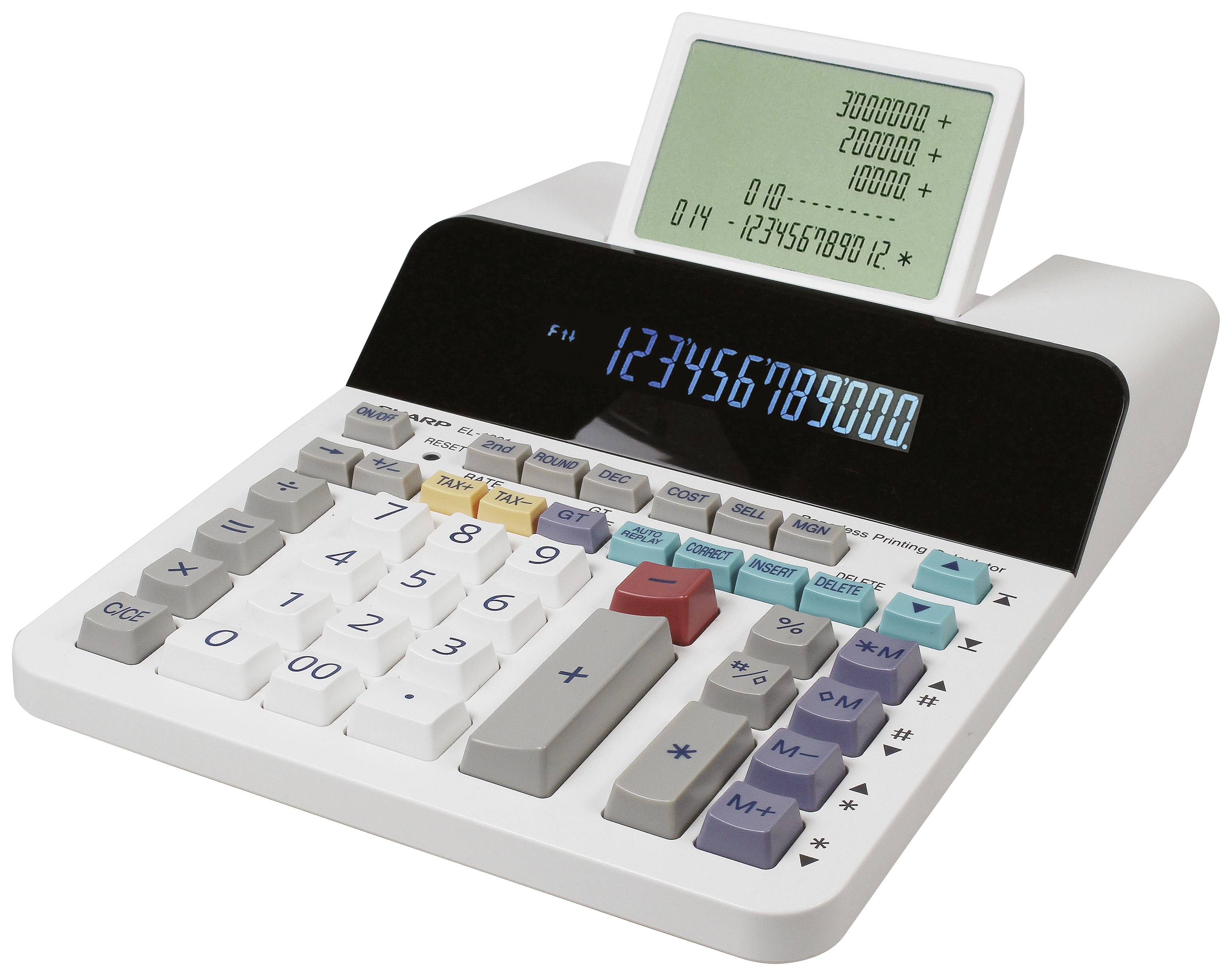 Elektronisk bordsräknare med stora knappar och display. Visar beräkningar: '3000000 + 2000000 = 5000000' och '0... - 1,23456789012'.