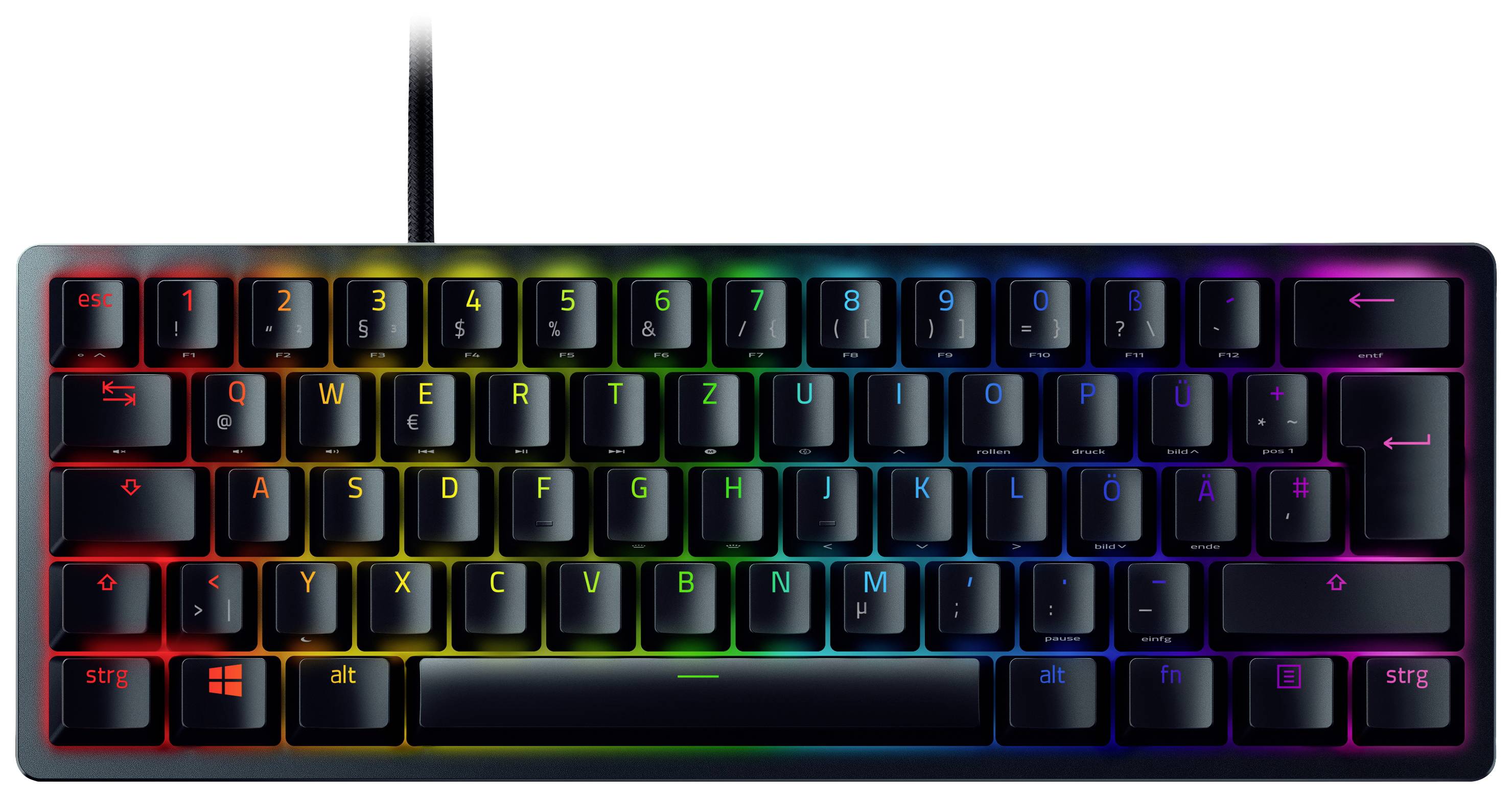 Mekaniskt tangentbord med QWERTZ-layout och RGB-belysning. Kompakt design utan numeriskt tangentbord, lämplig för gaming.