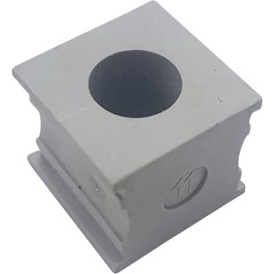 Grå, kvadratisk plastdetalj med ett centralt, cylindriskt hål.