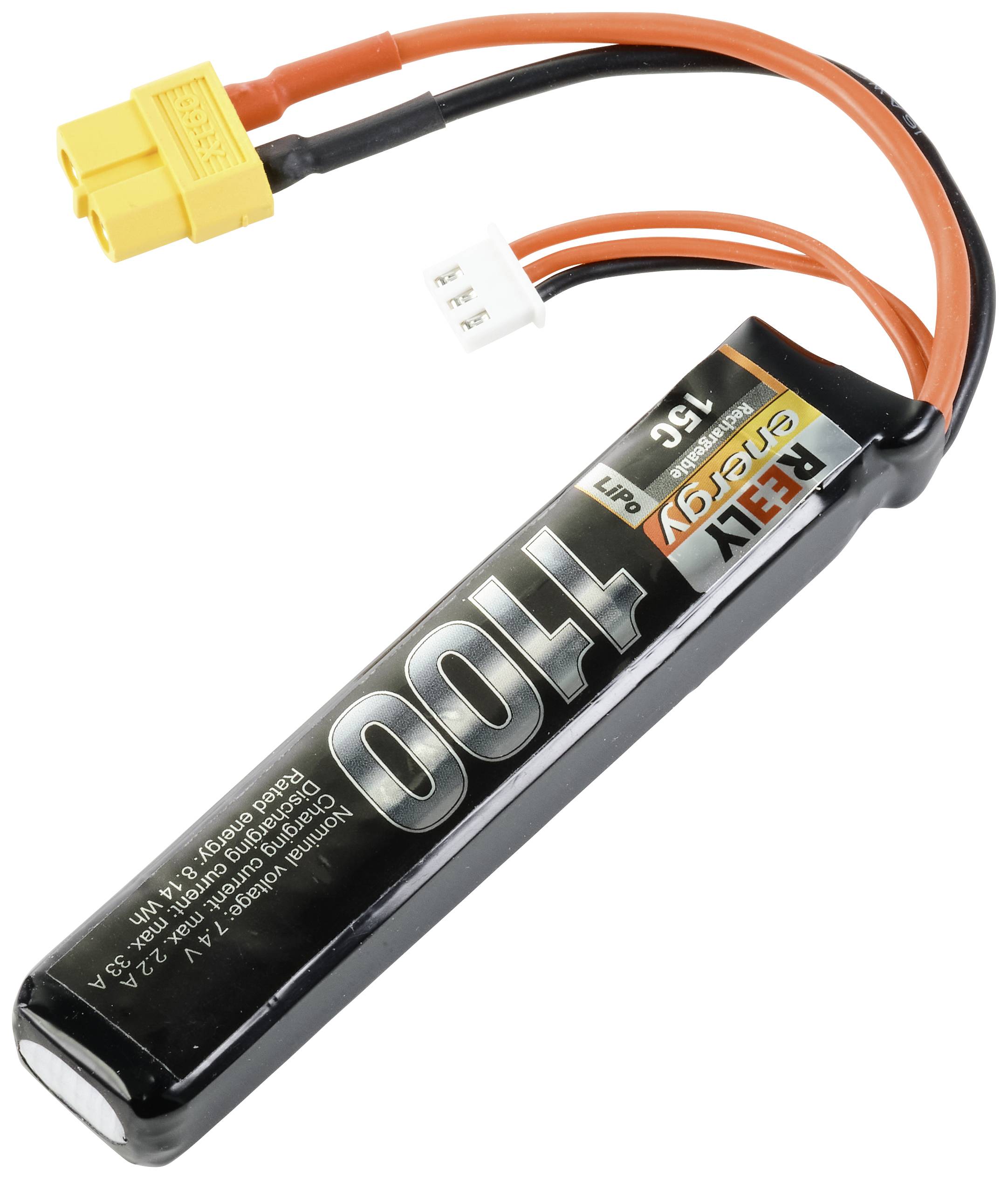 Litium-polymer-batteri med kapacitet på 1100 mAh, tre kablar och gul kontakt; lämplig för modelltillverkning och elektronik.