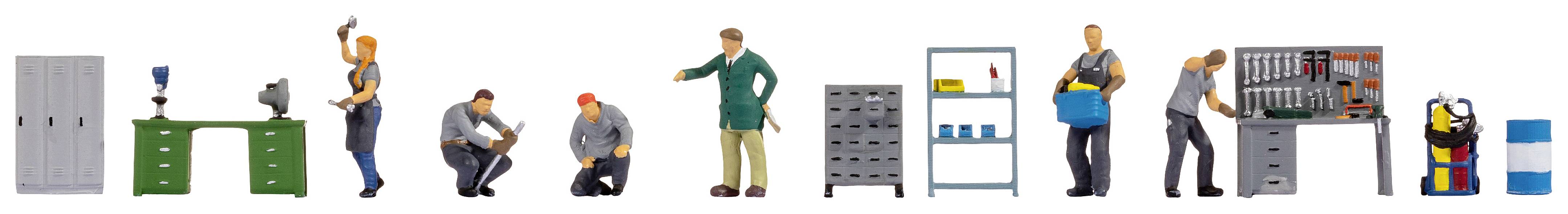 Miniatyrfigurer av människor som arbetar i en verkstad: en kvinna vid ett skruvstäd, tre män som utför olika uppgifter, arbetsbänkar.