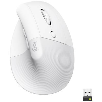 En ergonomisk vertikal mus i vitt med Logitech-logotyp, utrustad med scrollhjul och två knappar, bredvid en liten USB-mottagare.