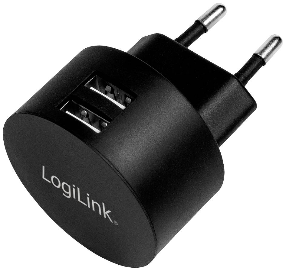 Svart USB-väggladdare med två USB-portar och europeisk kontakt. Varumärket 'LogiLink' på framsidan.