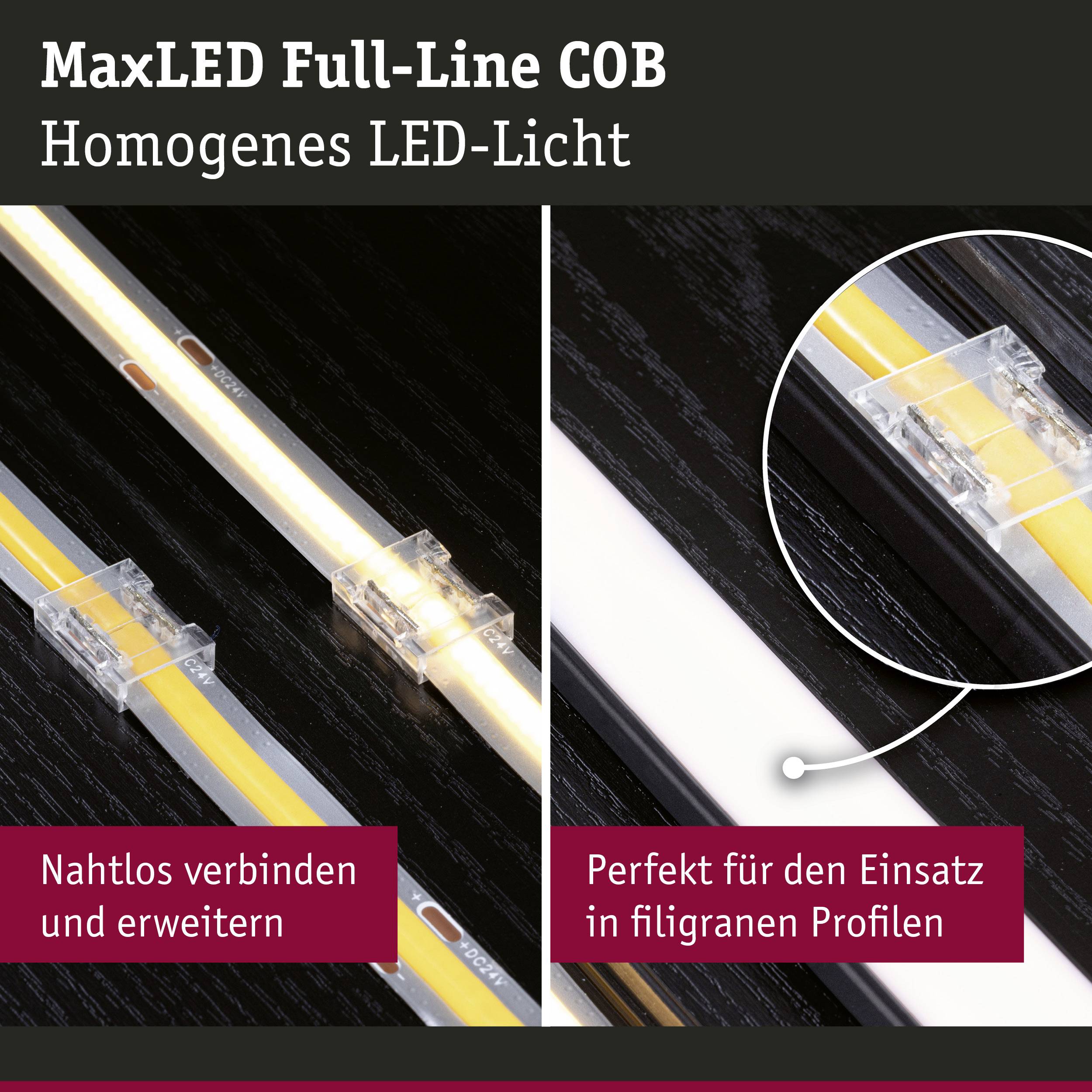 'MaxLED Full-Line COB': Två LED-remsor på mörk bakgrund. Text: 'Sömlöst ansluta', 'Perfekt för användning i profiler'.
