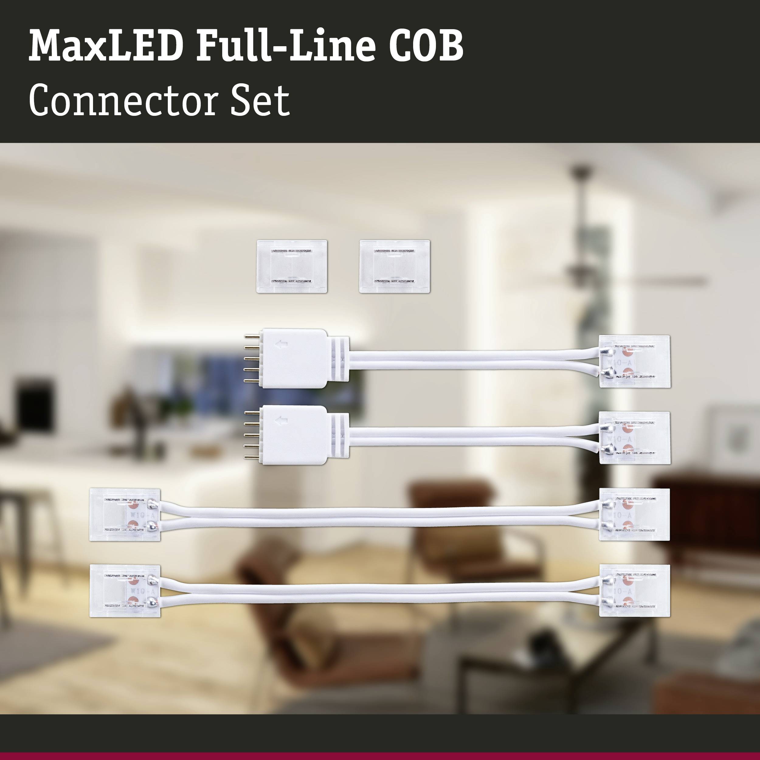 "MaxLED Full-Line COB Connector Set", två anslutningskablar och två kontakter framför en oskarp vardagsrumsmiljö.
