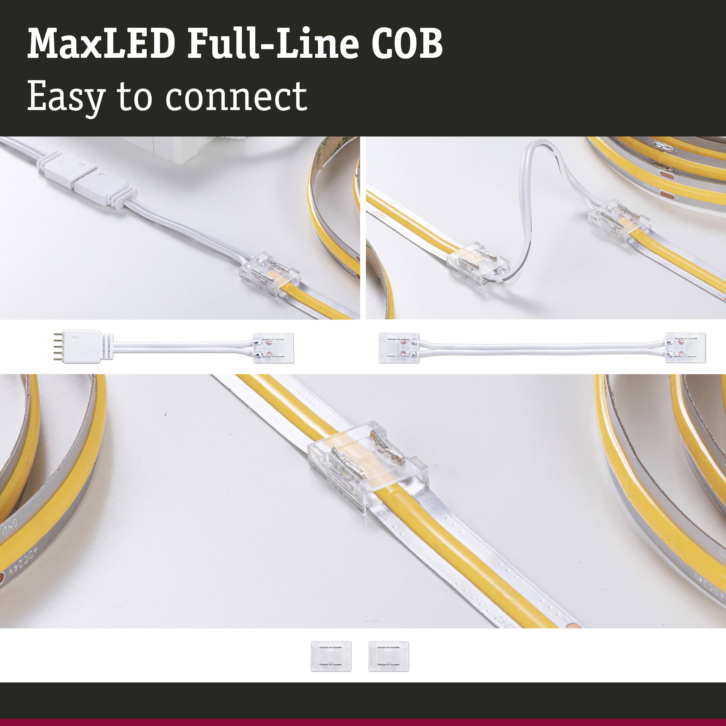 MaxLED Heltäckande COB-LED-list, enkelt att ansluta, visar flexibel koppling och installationsmöjligheter.