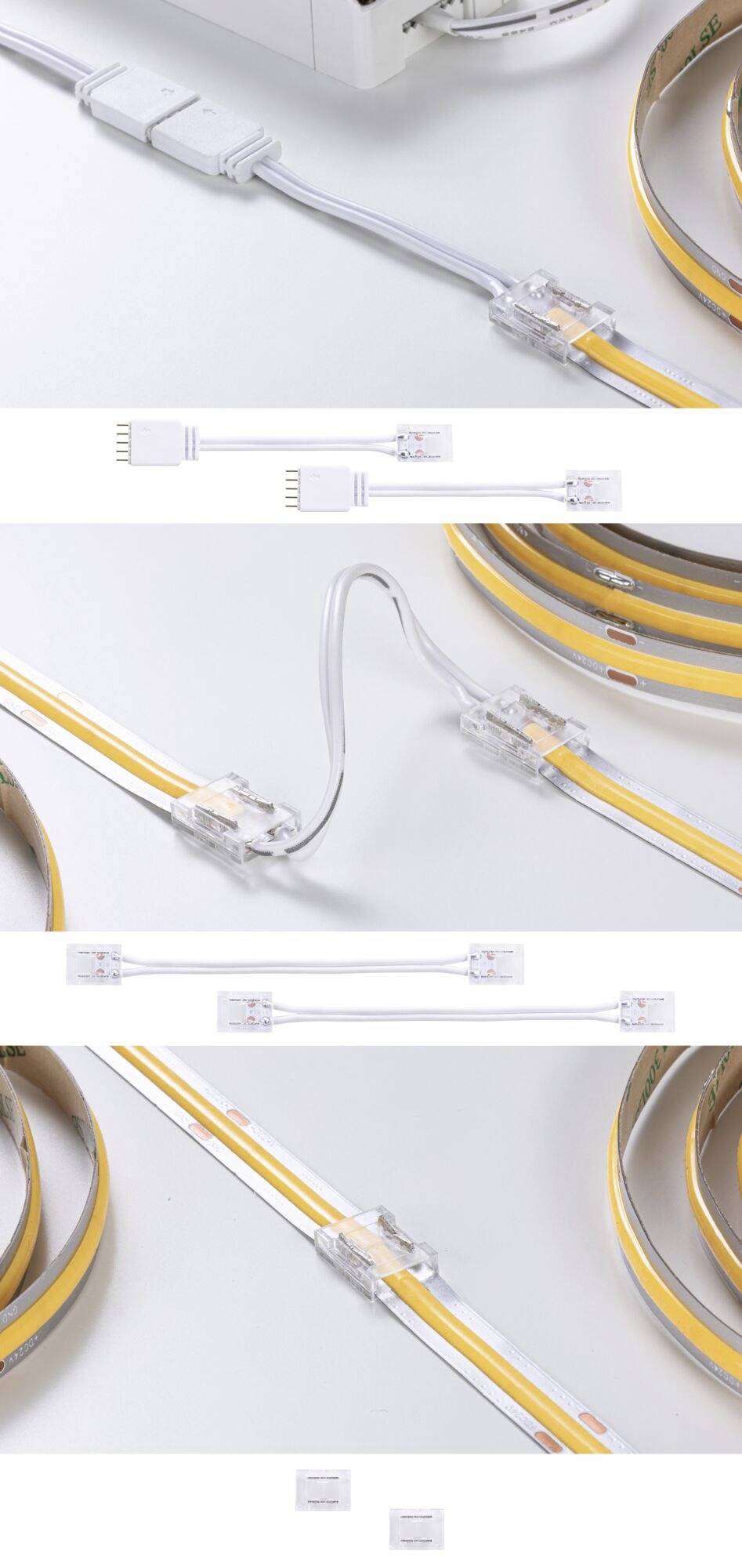 Flera bilder visar anslutningen av LED-remsor med kontakter och kablar som leder till en strömkälla.