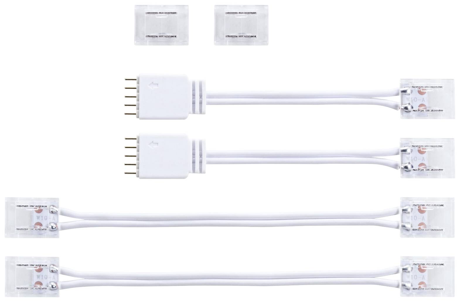 Tre vita LED-stripanslutningar med kablar; ovanpå syns två extra adaptrar.
