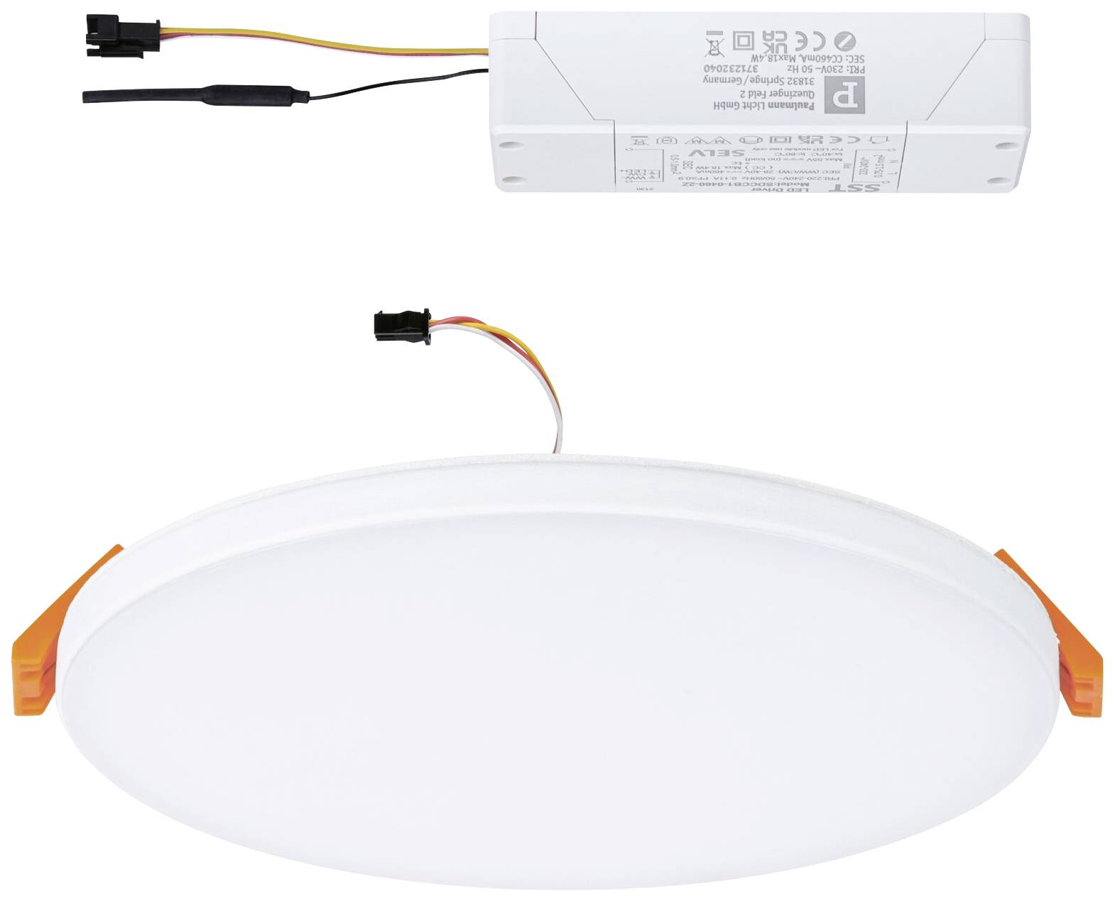 Rund LED-taklampa med vit diffusor, orangefärgade clips och ett elektroniskt förkopplingsdon med kabelanslutning.