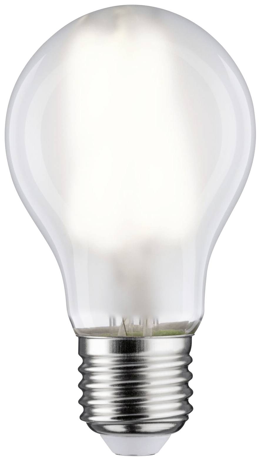 En enskild glödlampa, tänd, med metallgänga nertill, på vit bakgrund.