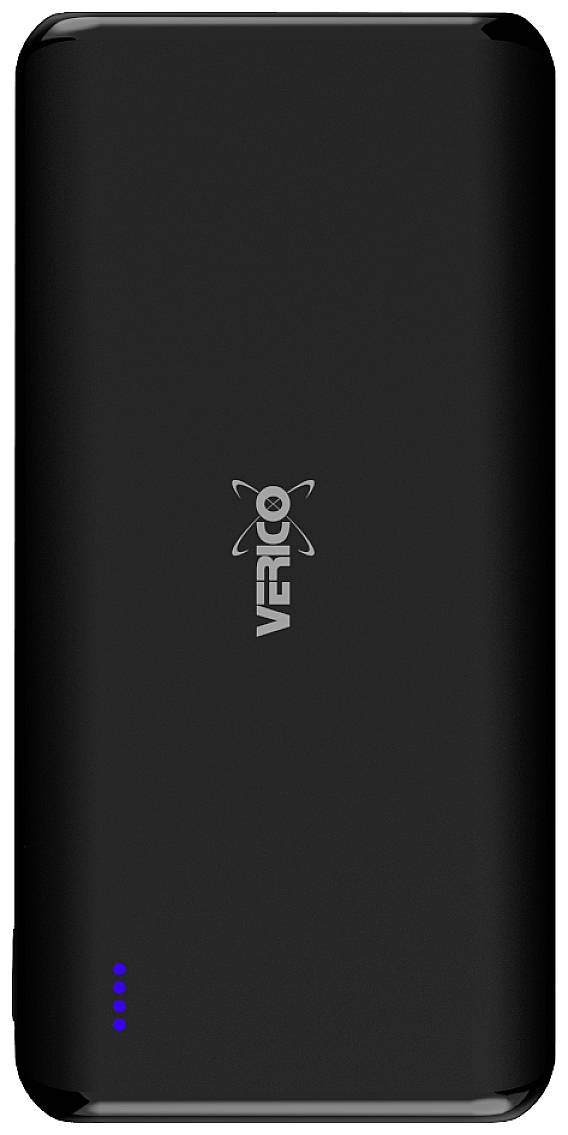 Svart bärbar powerbank med blå LED-indikator för laddningsstatus och företagslogotyp i mitten.