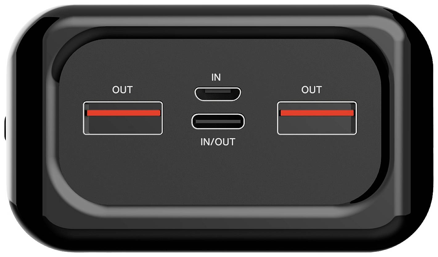 En svart enhet med tre anslutningar: två USB-utgångar ('OUT') och en USB-C-anslutning ('IN/OUT') i mitten.
