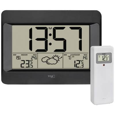 Elektronisk väderstation med stor digitalskärm: Tid 13:57, inomhustemperatur 23°C, utomhustemperatur 12°C, väderprognossymbol.