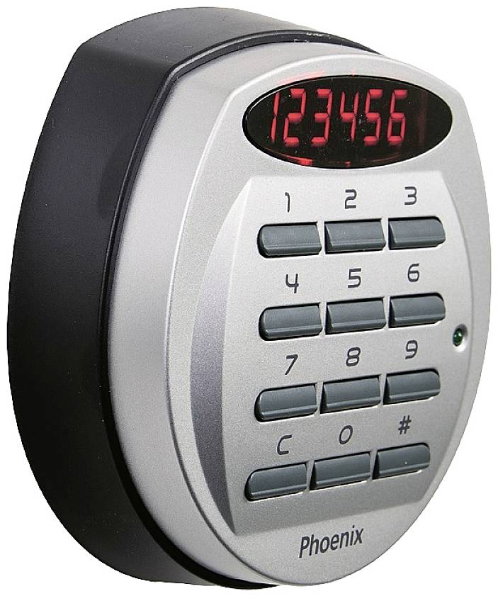 Elektroniskt kombinationslås med knappsats och digital display. Visar siffrorna '123456'.
