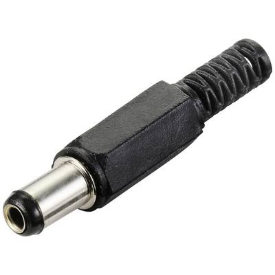 En svart och silver DC-kontakt med ett flexibelt kabelskydd, ofta använd för anslutning av elektroniska enheter.