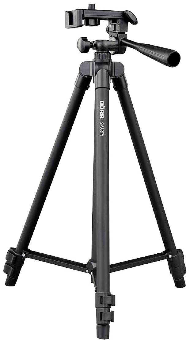 Ett svart kamerastativ med tre ben och en justerbar fäste.