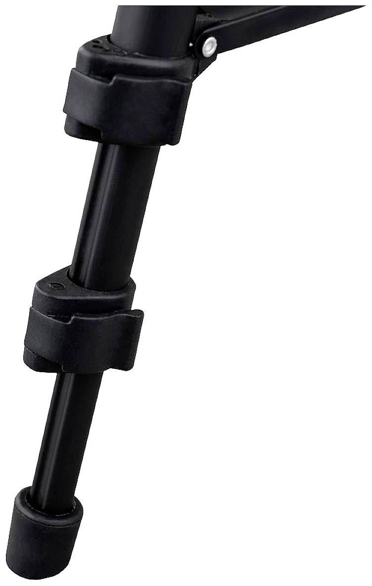 Stativ med ben av svart metall med justerbara, halkfria gummifötter.