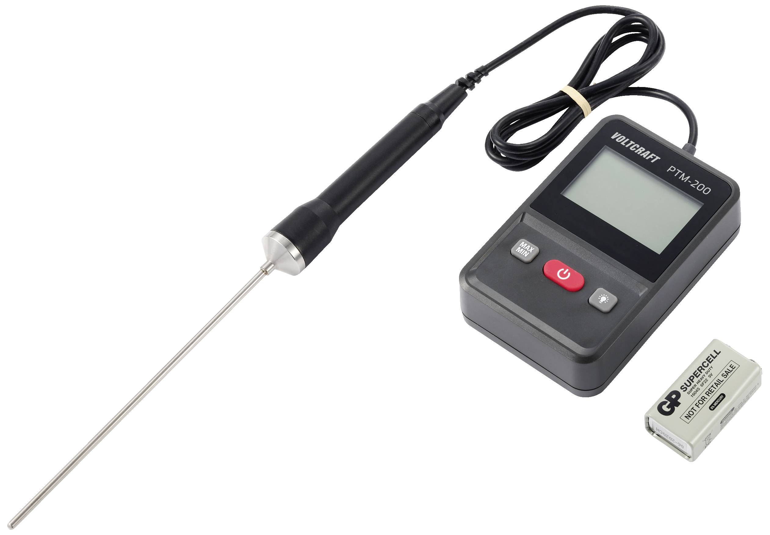 Digitalt termometer med lång mätsensor, kopplat till en displayenhet. Ett separat batteri ligger intill.