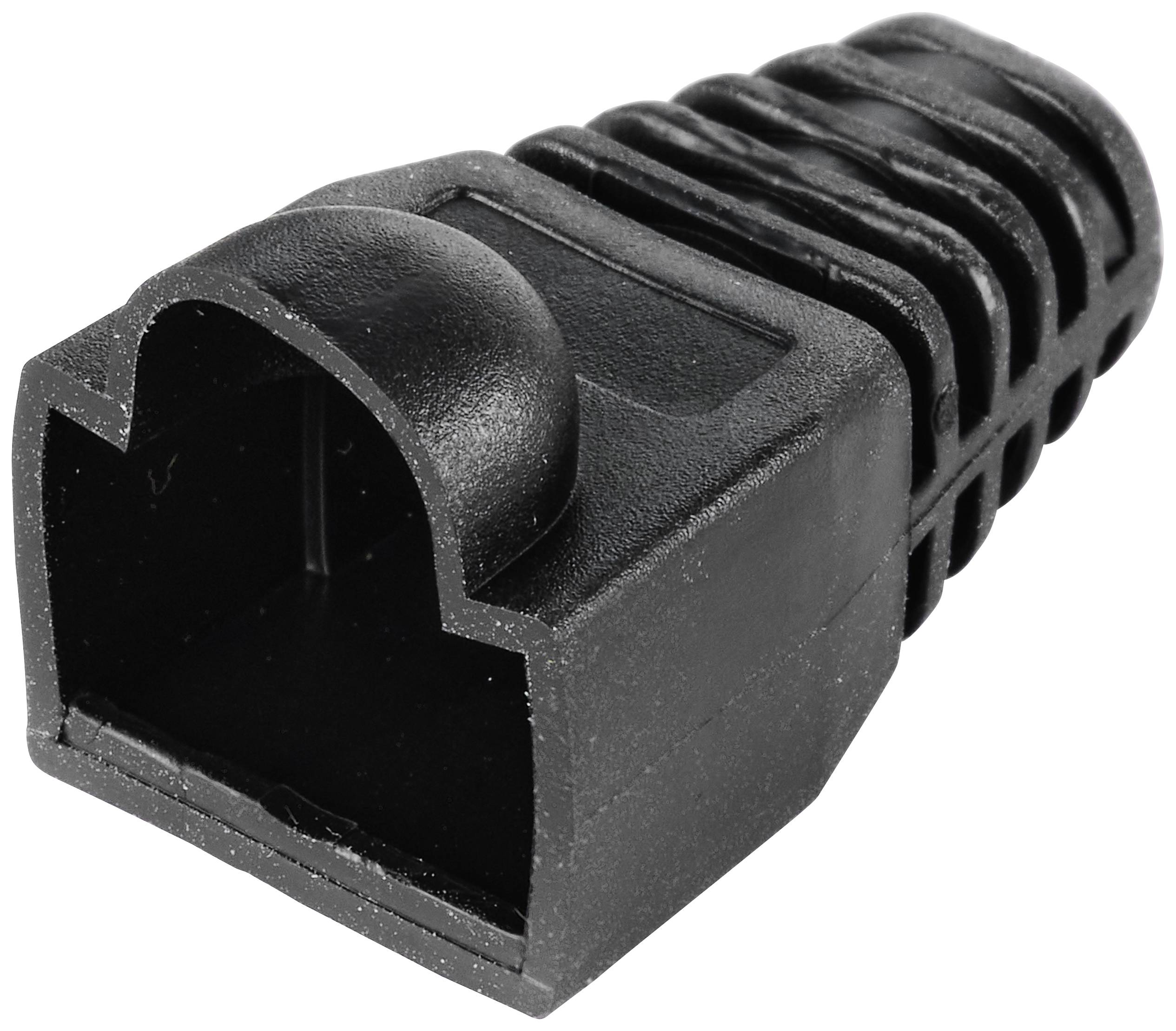 Svart RJ45-kontaktskydd med räfflad struktur och avrundad ände, skyddar nätverksanslutningar från skador.