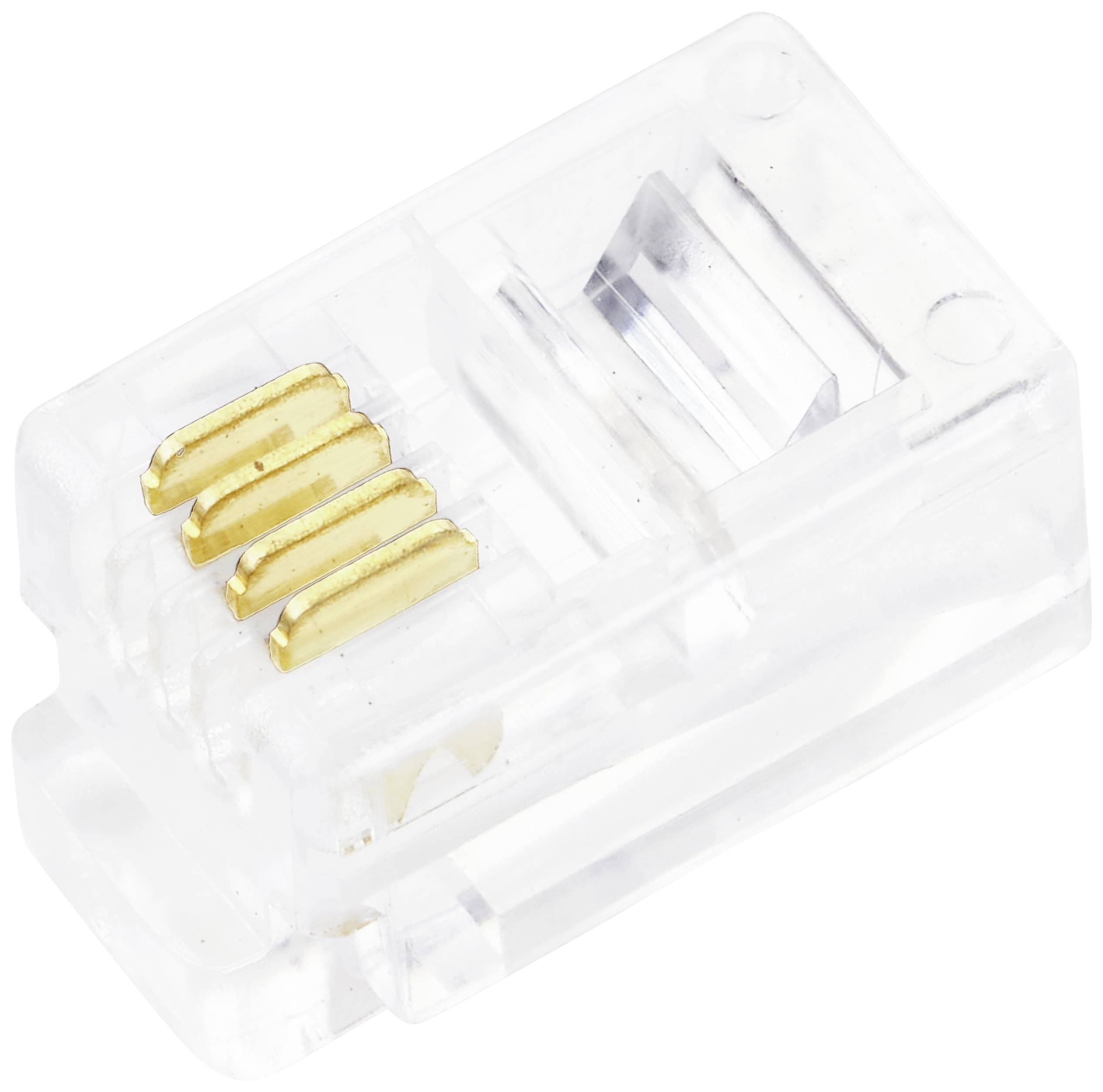 En transparent RJ45-kontakt med guldkontakter, använd för nätverkskabelanslutningar i datornätverk.