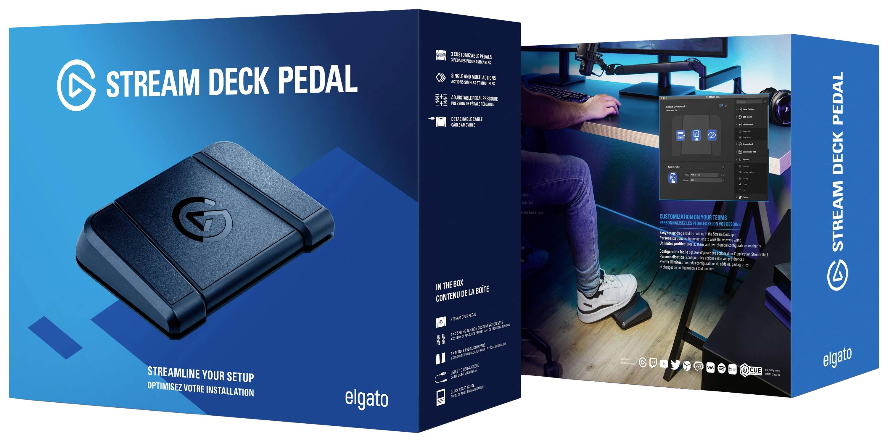 'Stream Deck Pedal' förpackning med avbildning av ett pedal. Slogan: 'Effektivisera din setup'. Visar inredning i ett arbetsrum.