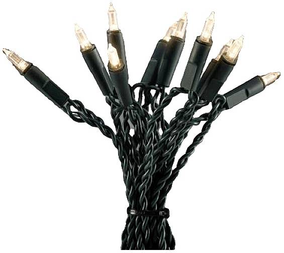 Ett paket med åtta klara mini-ljusslingor med gröna sladdar, som ofta används för juldekoration.